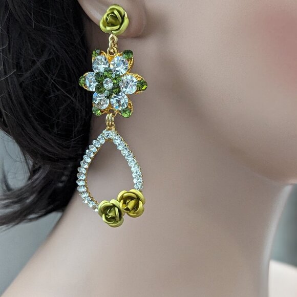 Shoulder Crystal Earrings Rare Find Vintage Glam Roses and Cz Pierced Post Diva - Picture 1 of 8